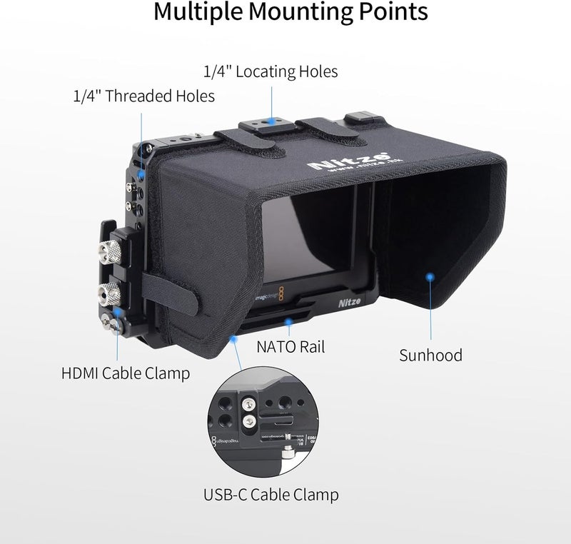Nitze Cage Kit for Blackmagic Video Assist 5" 12G / 3G, with Sunhood, HDMI and USB-C Cable Clamps - JT-B01B - Image 2